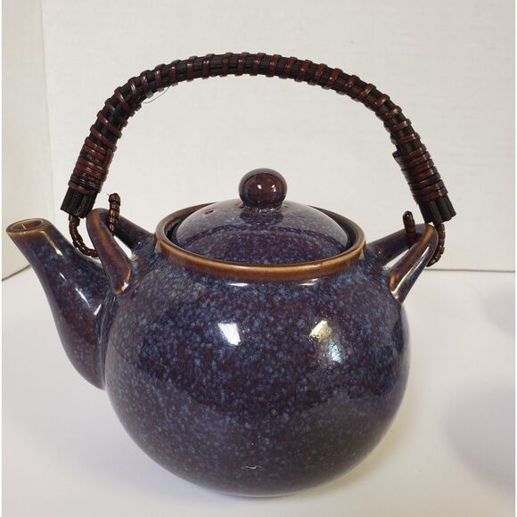 Teavana Stoneware Blue Glaze Tea Pot with Wicker Handle and 4 Cups - Picture 3 of 6